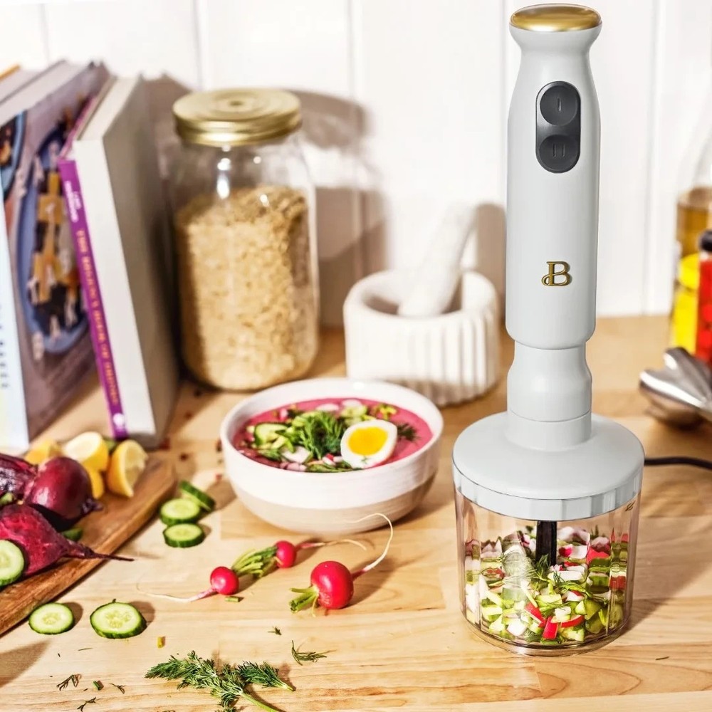 Beautiful 2-Speed Immersion Blender with Chopper & Measuring Cup, White Icing by