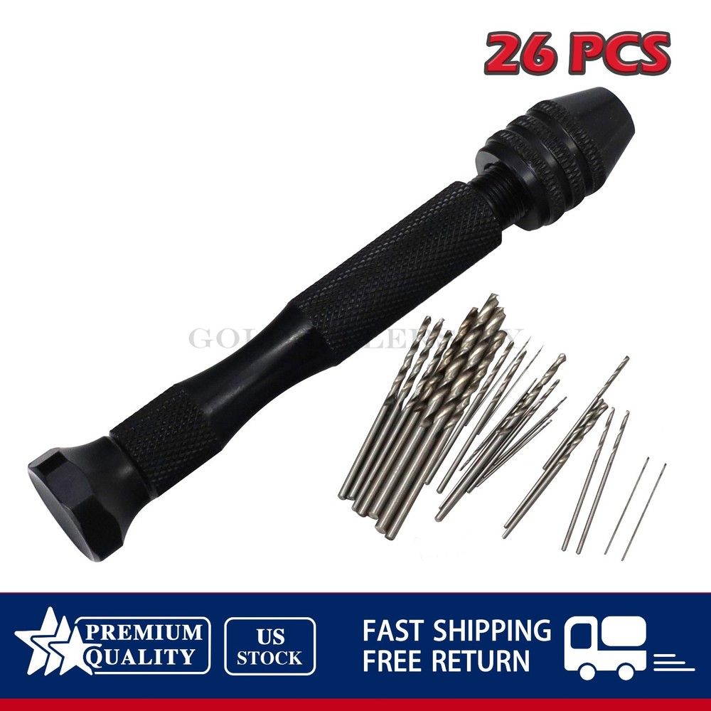 26PCS Mini Micro Drill Hand Bits Set Small Manual Keyless Chuck Pin Vise Rotary