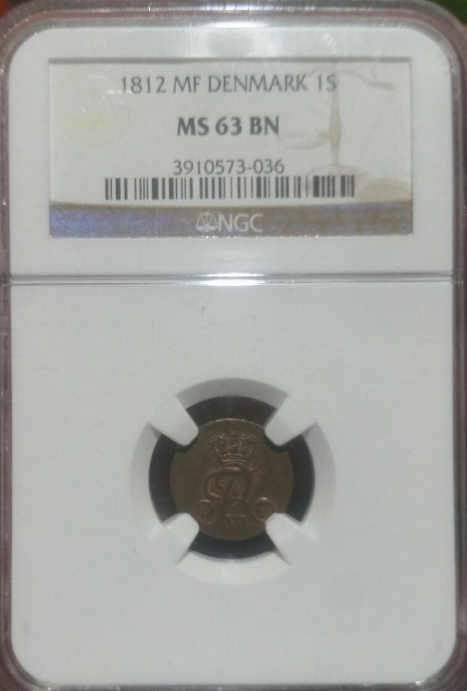 1812 MF Denmark, Skilling,, NGC MS 63 Rare In  Uncirculated