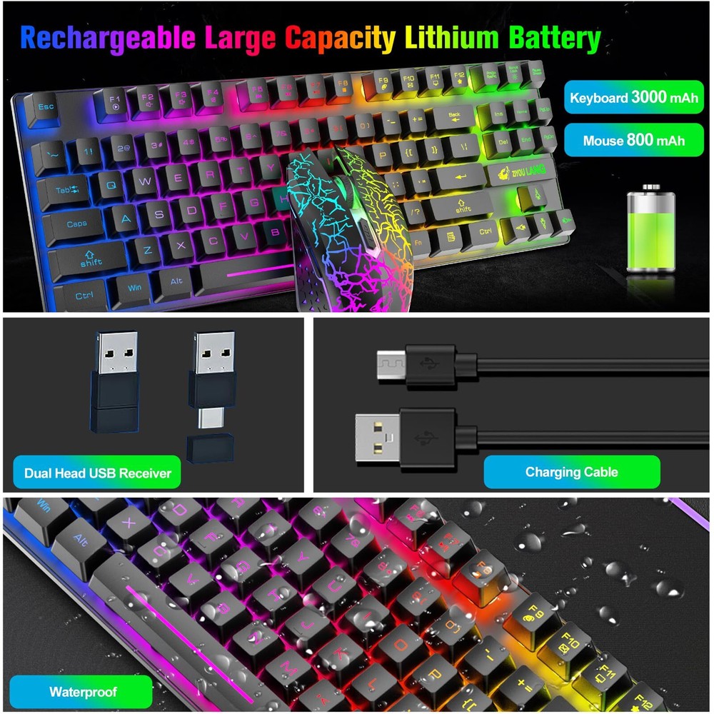 Wireless Rainbow Backlit Gaming Keyboard and Mouse Combo for PS4 Xbox PC MAC