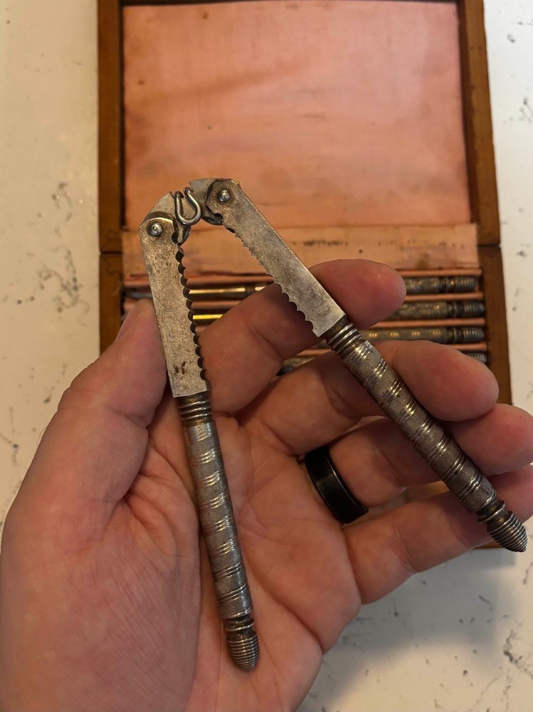 Vintage Nut Cracker Set with Wood Box 5/6 Utensils Missing Hinge Clasp
