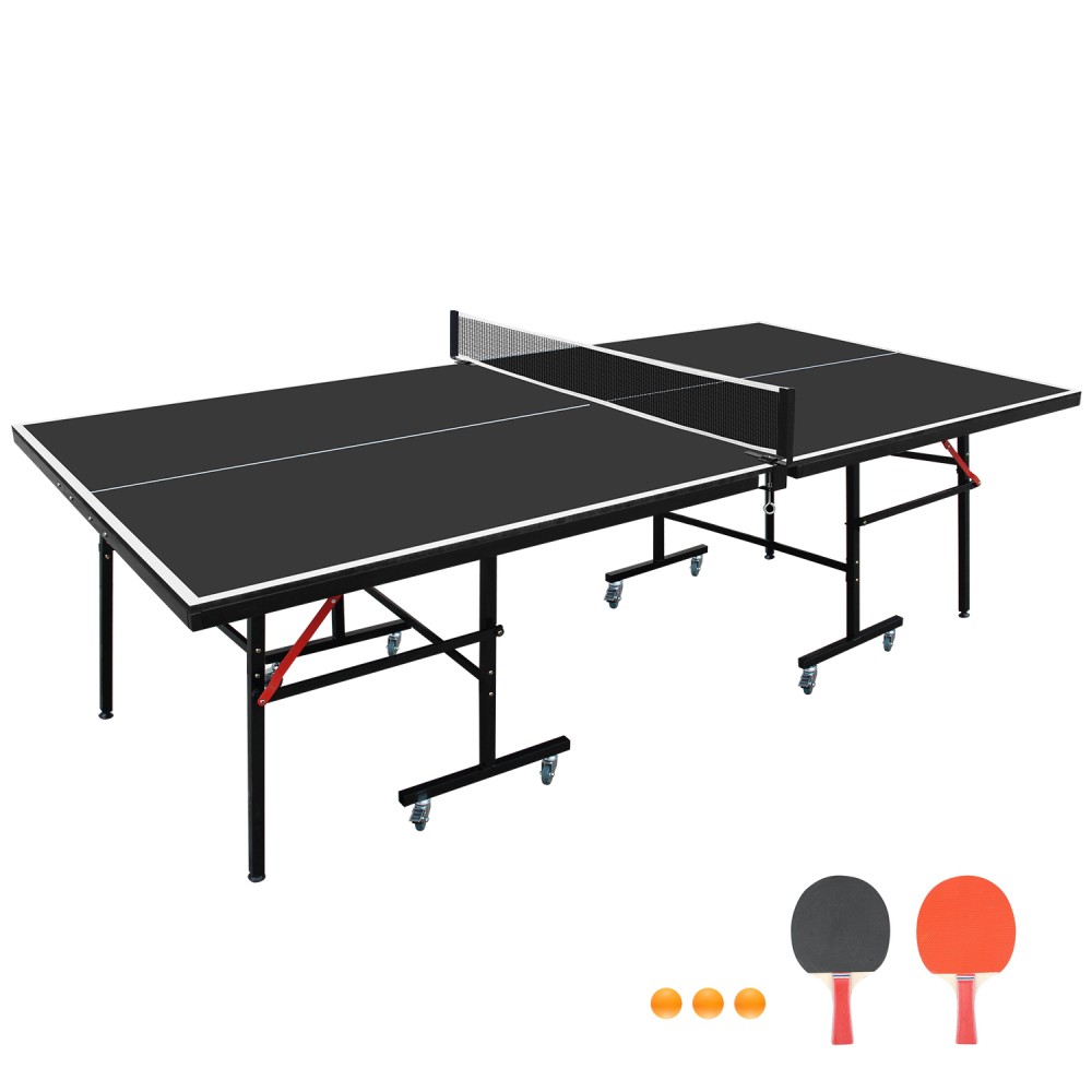 8ft Black Mid-Size Table Tennis Table Foldable & Portable Ping Pong Table Set