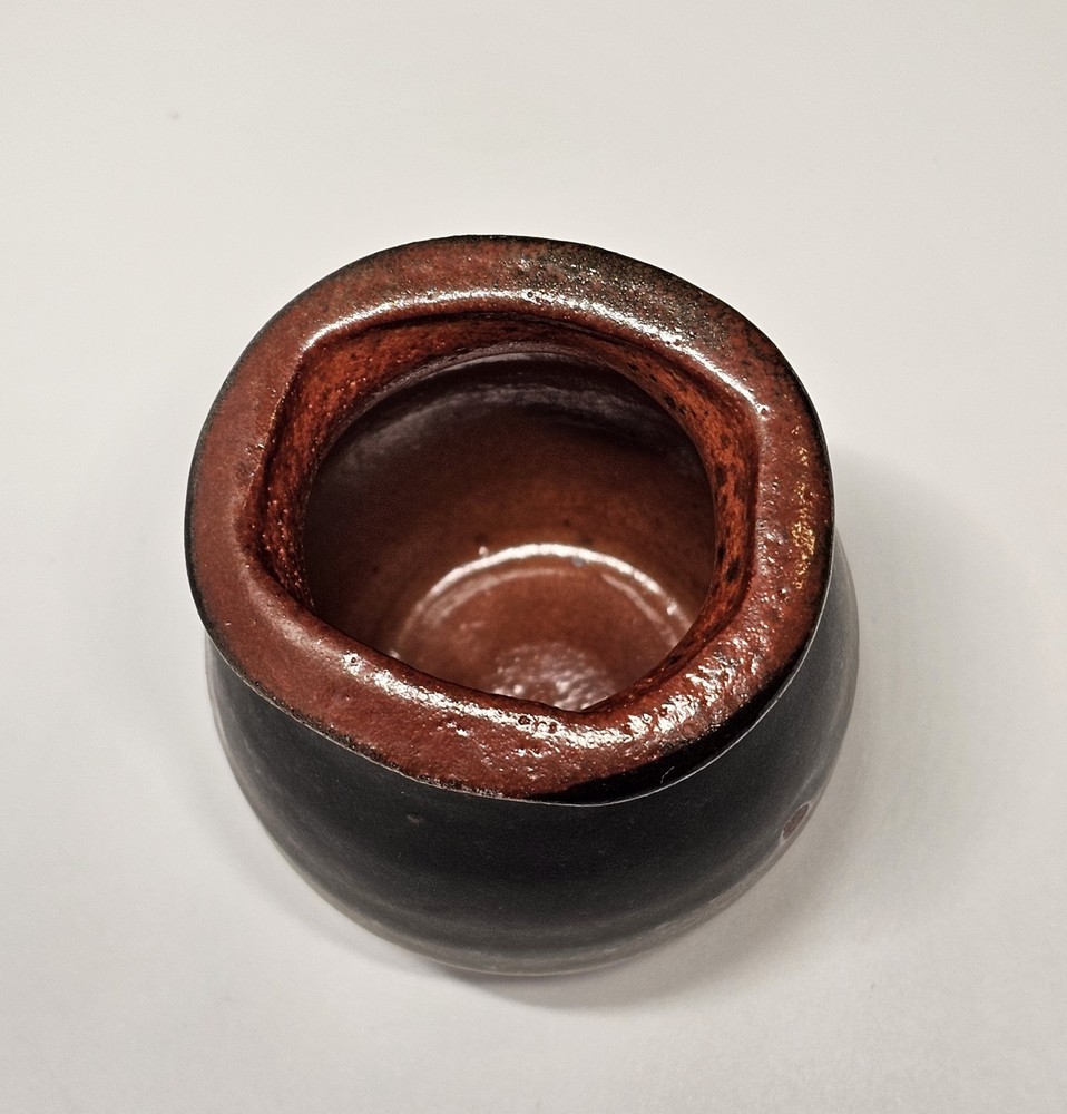 Black Ceramic Vase Brown Inside Glazed Inside & Top Signed About 4.5" High