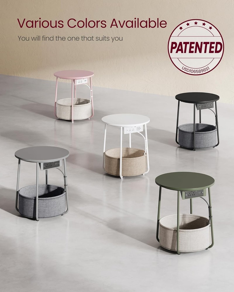 Durable Collection Side Table W/ Charging Station Round End Table Fabric Basket