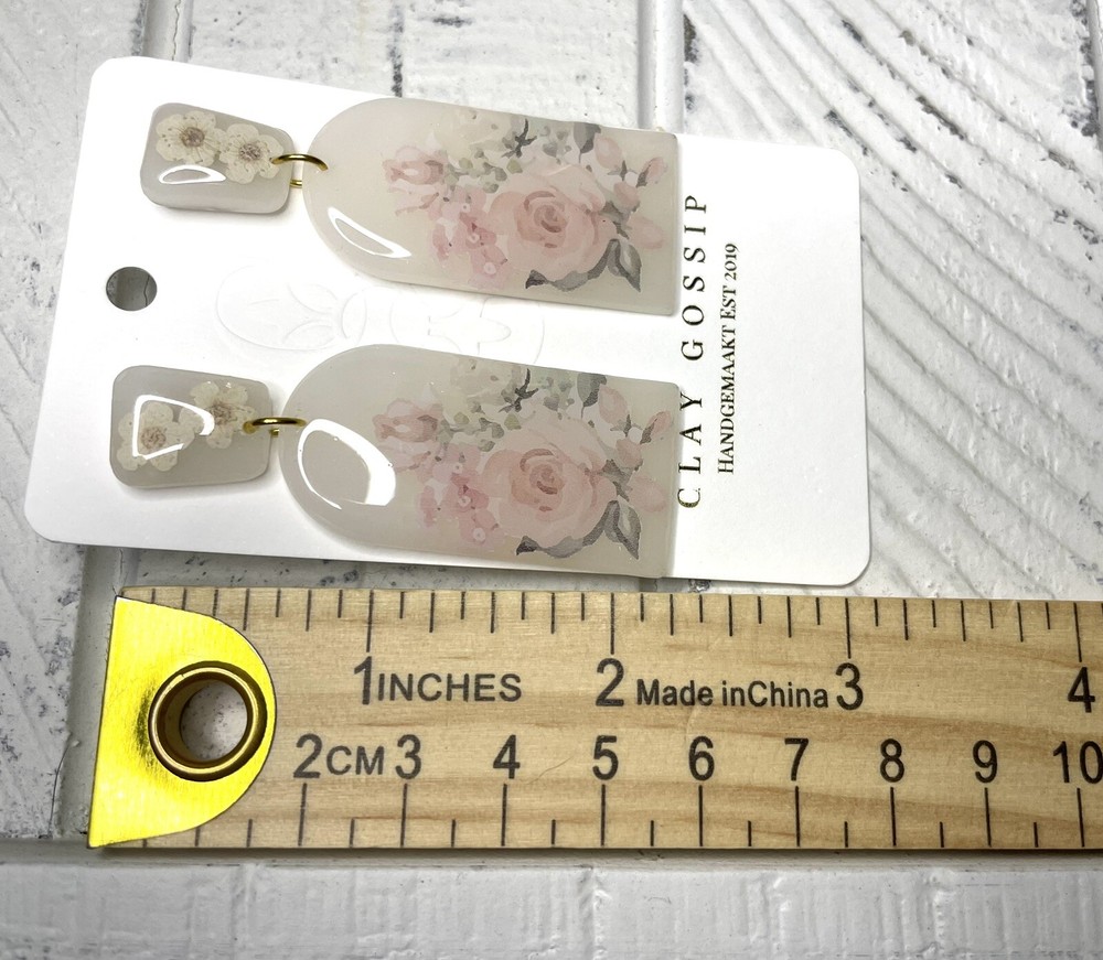 Clay Gossip Floral Dangle / Drop Earrings Post Backing Delicate Design 2.25”