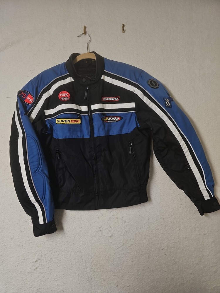 Firstgear Motorcycle Jacket Small Blue Black Embroidered Patches Safe Hypertex