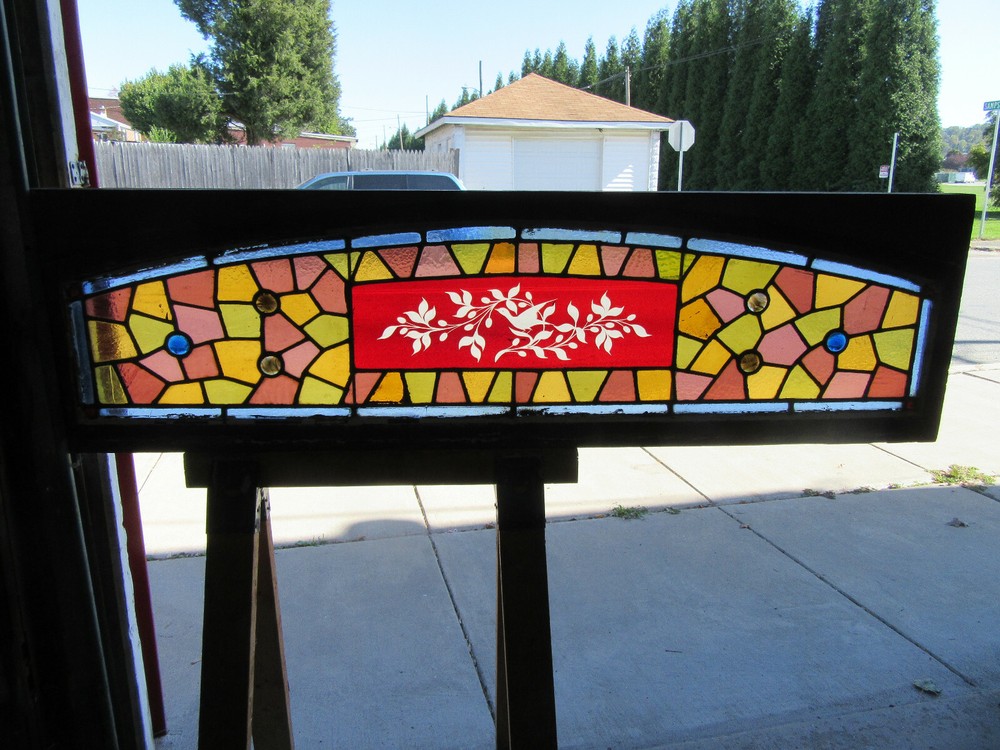 ~ ANTIQUE STAINED GLASS TRANSOM WINDOW RUBY FLASH BIRD ~ 67 X 19 ~ SALVAGE