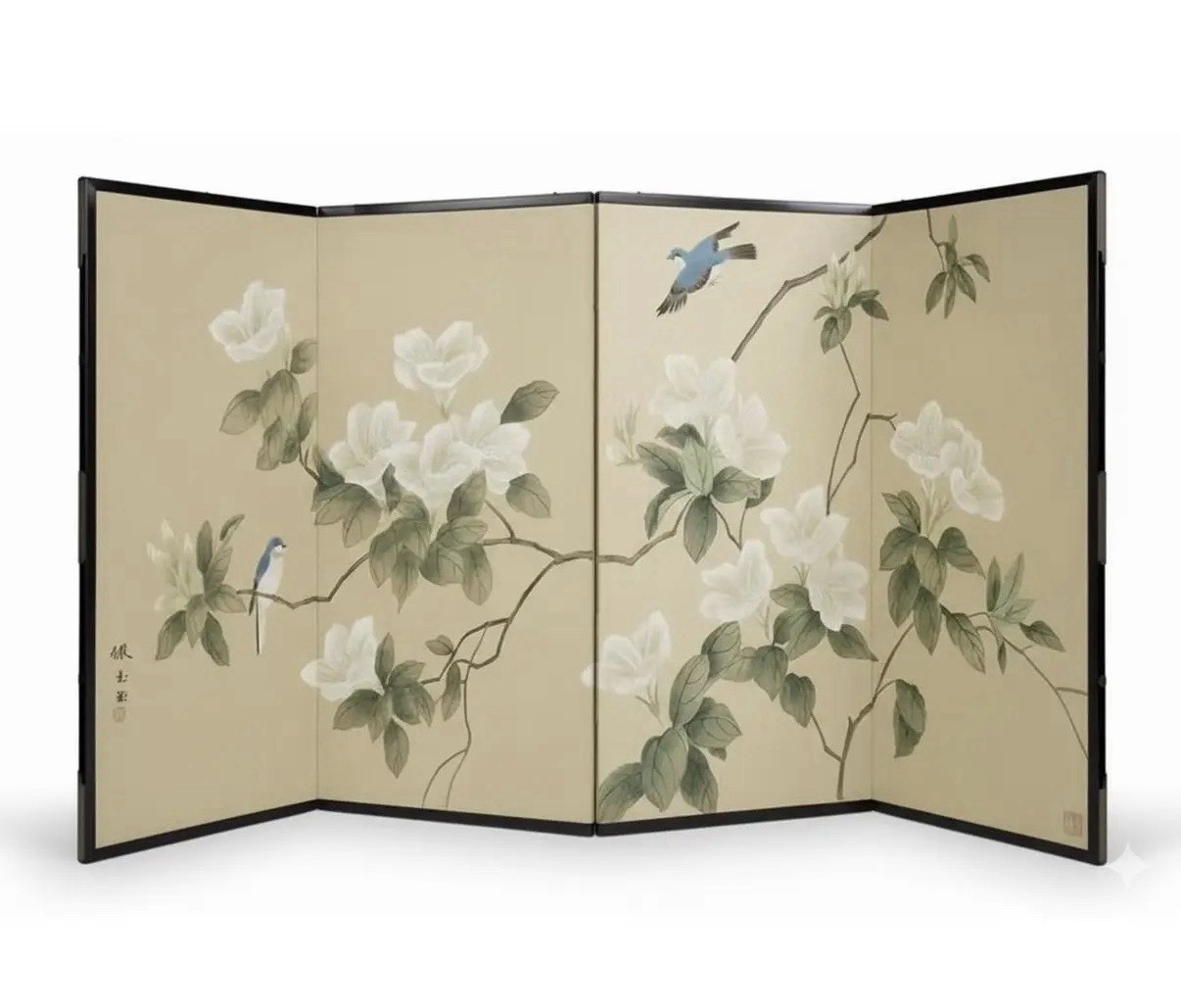 Magnificent Asian Hand Painted Magnolia & Bird Signed Four Panel Folding Screen