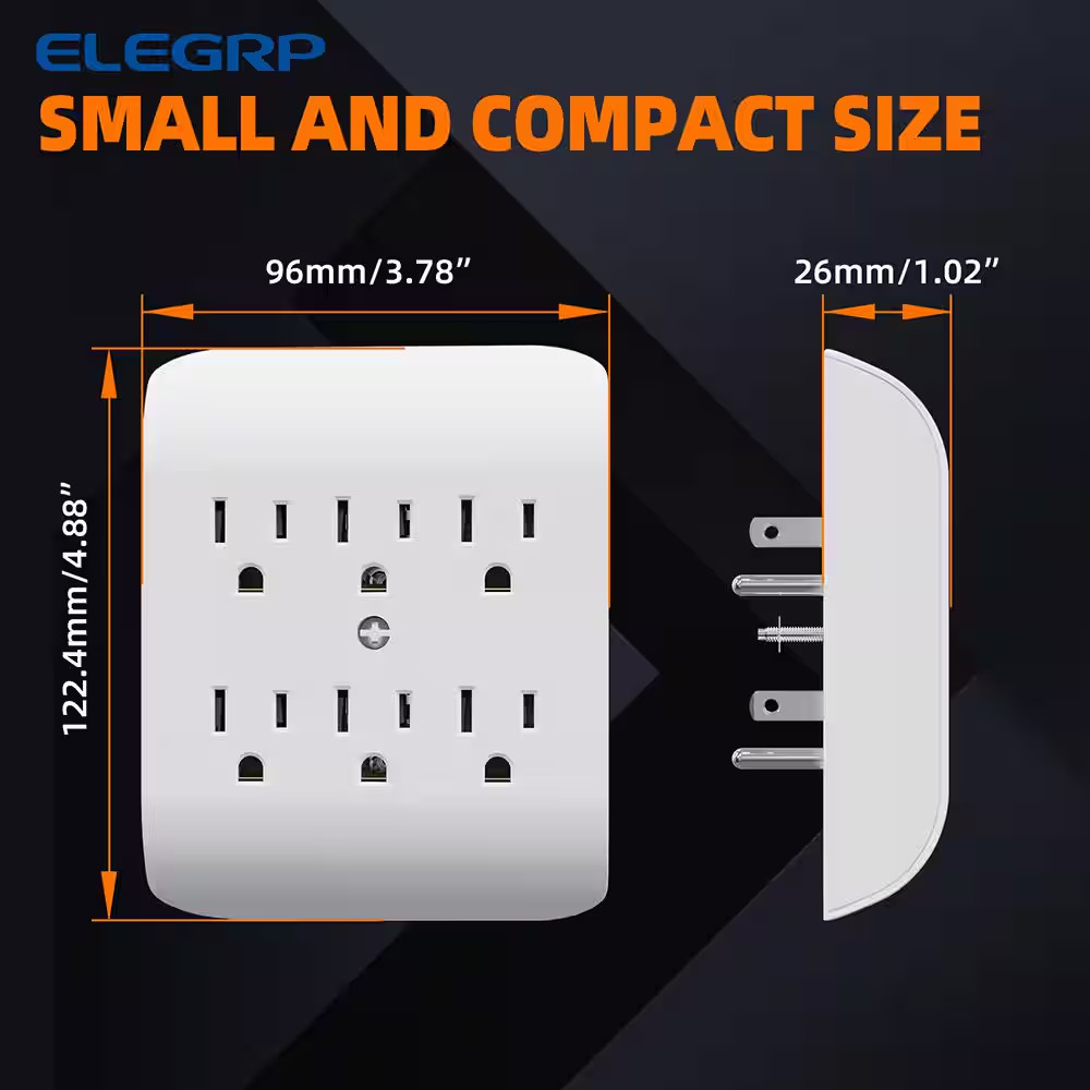 15Amp 125-Volt 6-Outlet Grounded Adapter Plug, White (2 Pack)