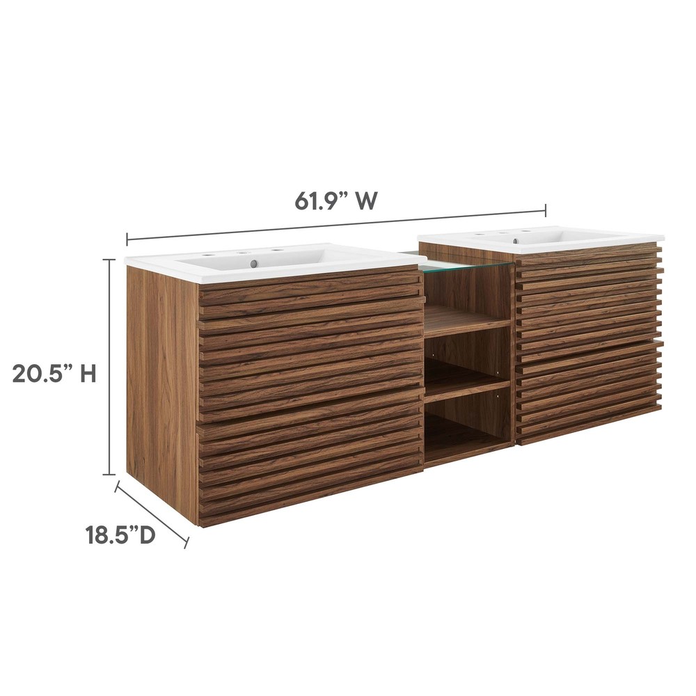 Render 62" Wall-Mount Double Sink Bathroom Vanity in Walnut White