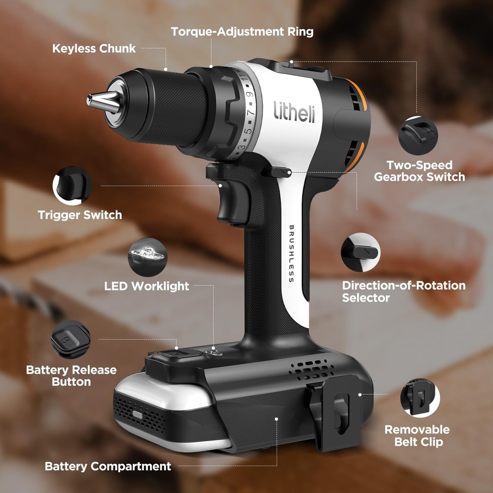 Litheli 20V Cordless Drill Driver, Brushless Power Drill with 2 Variable Spee...