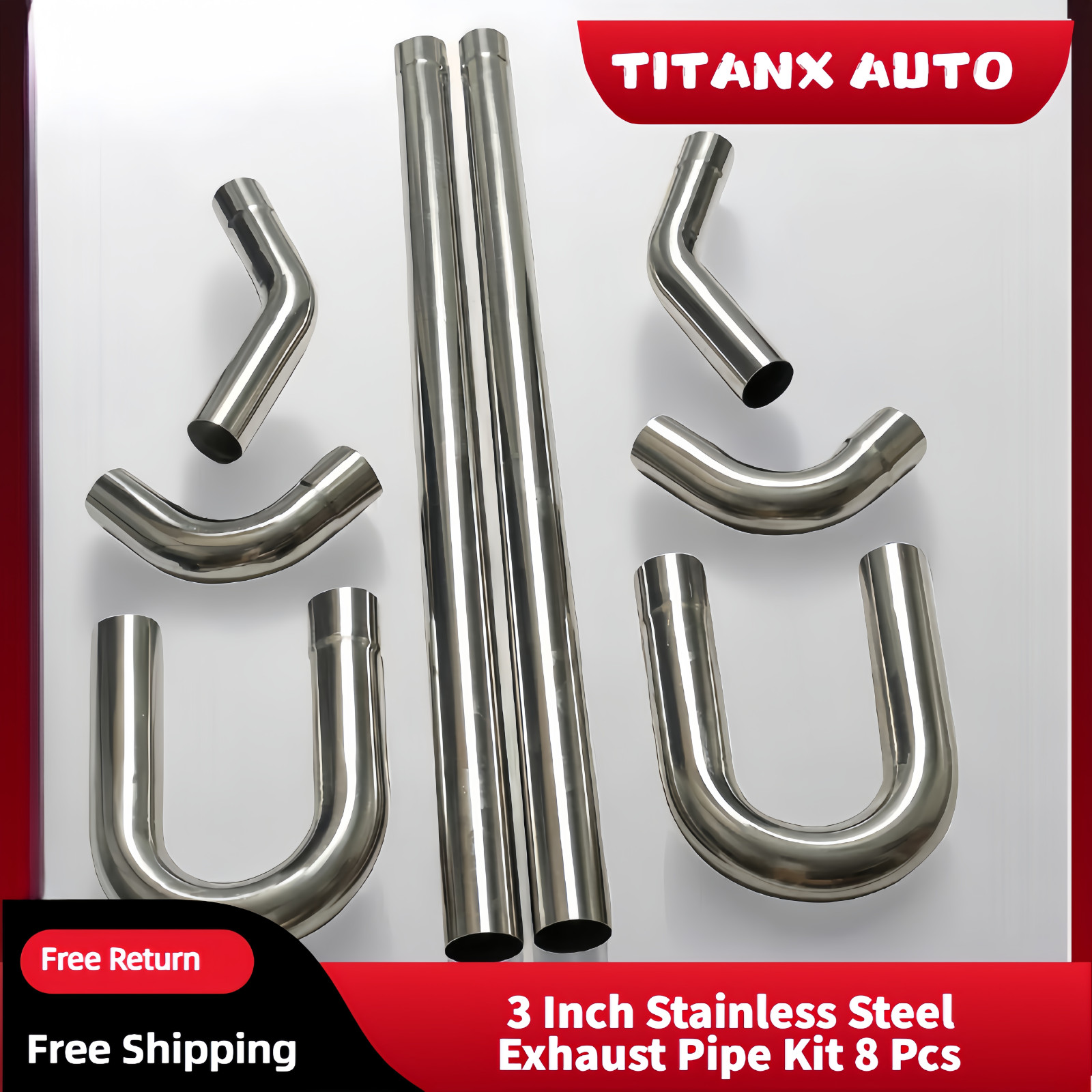 3" OD  Stainless Exhaust Pipe Kit Straight Mandrel Bend DIY T304 Tubing Set 8Pcs