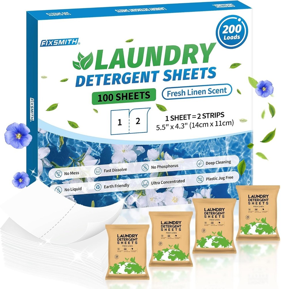 FIXSMITH Laundry Detergent Sheets - 200 Loads (100 Sheets) Fresh Linen Scent - H