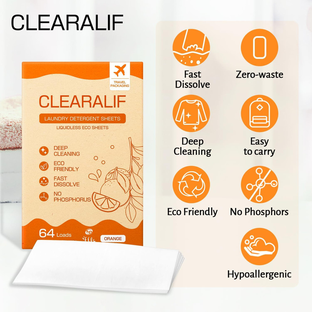 Laundry Detergent Sheets, Orange, 64 Load, Laundry Detergent Strips Eco Friendl