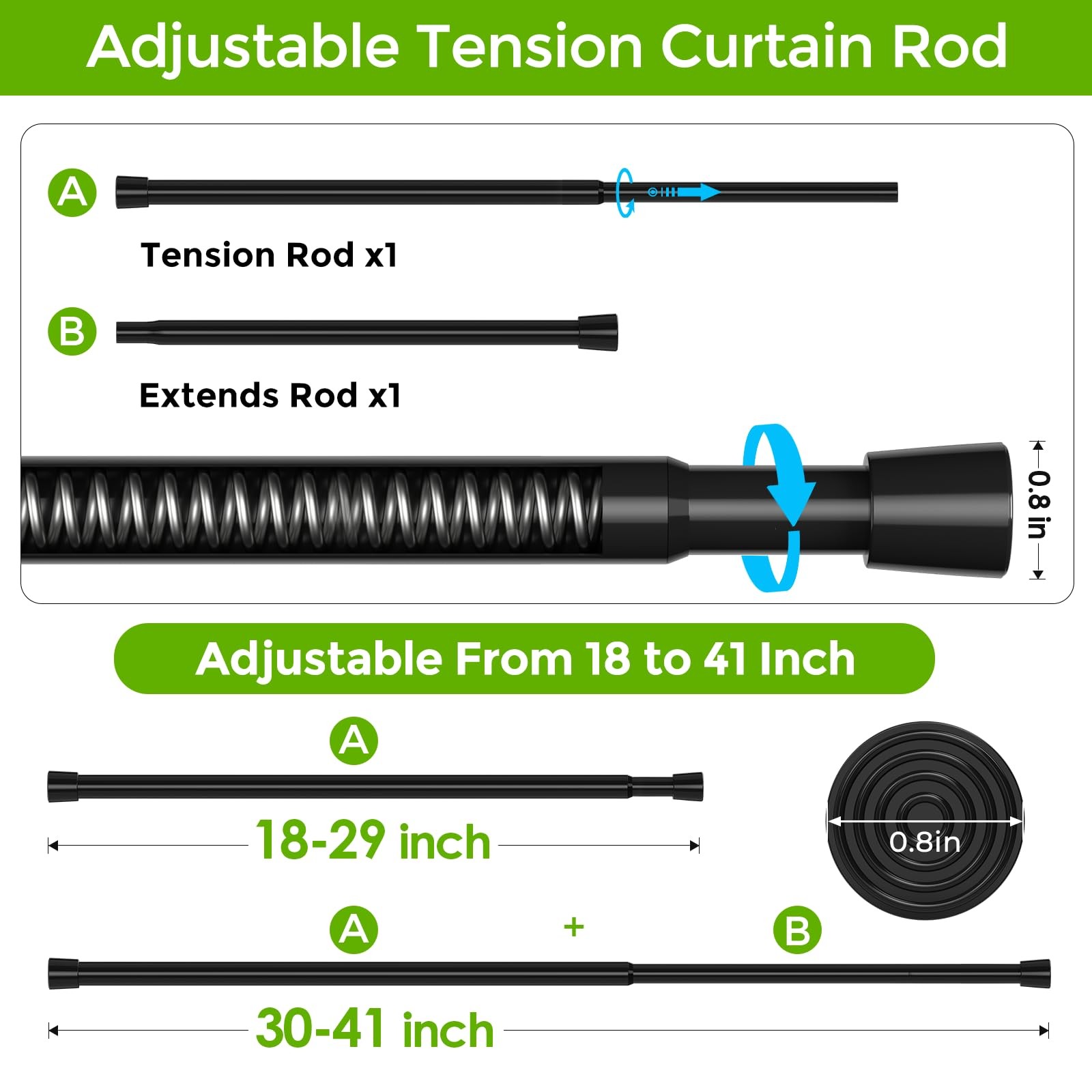 Spring Tension Rod 18-41 Inches No Drilling Adjustable 18-41inch-1P, Black