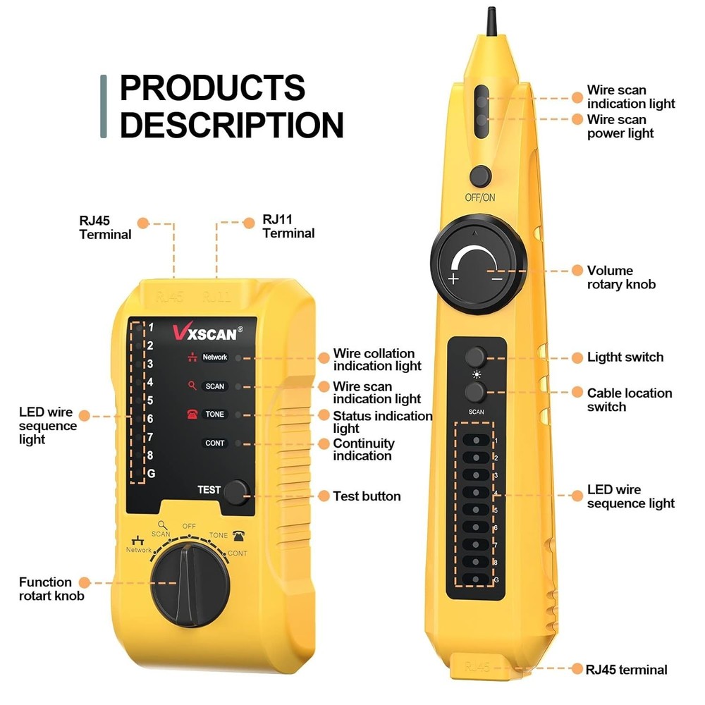 Battery Powered Network Cable Tester with Multi-Function Capabilities - Yellow