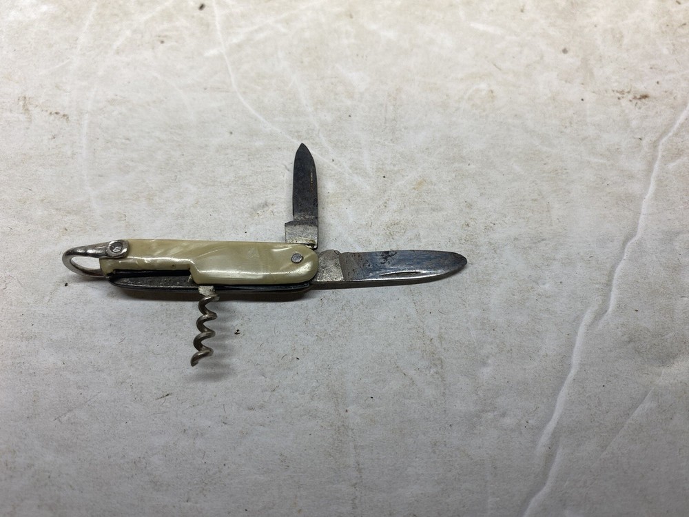 Vintage Small 3 Blade Implement Folding Pocket Pen Knife MOP Handle