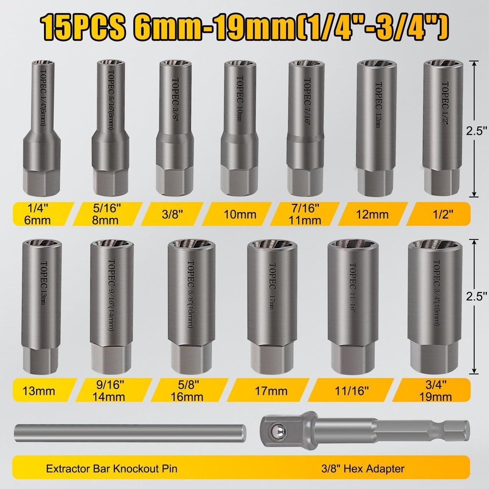 Topec 15PCS Deep Bolt Extractor Kit, 6mm19mm Nut Extractor Socket Set, 3/8" D...