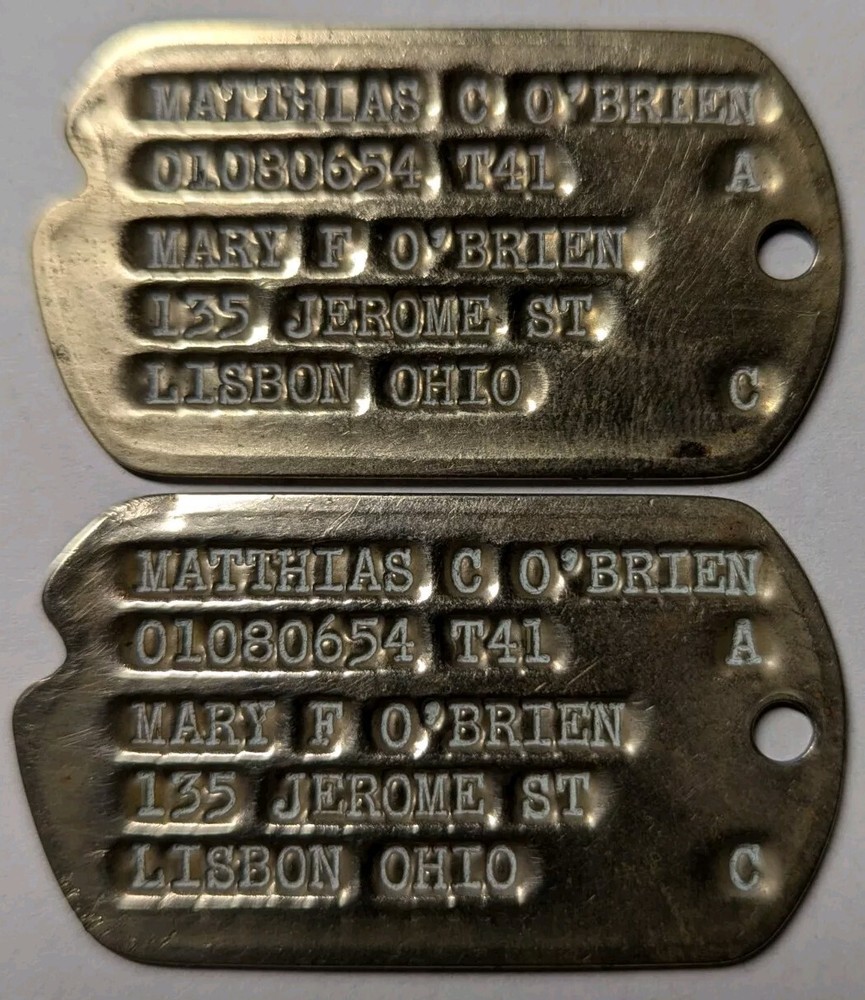 WW2 US Army Officer Dog Tag Pair MATTHIAS C O'BRIEN  01080654 T-41  XB