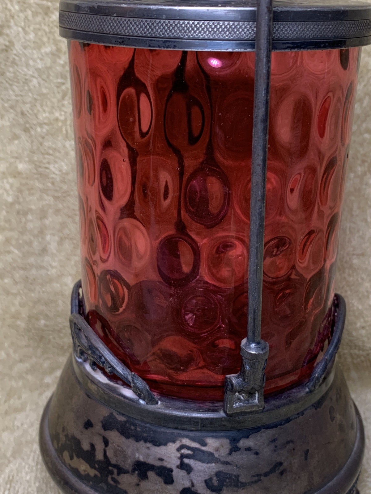 Antique Victorian Style Pickle Castor W/ Tongs Coin Dot Glass Cranberry Red