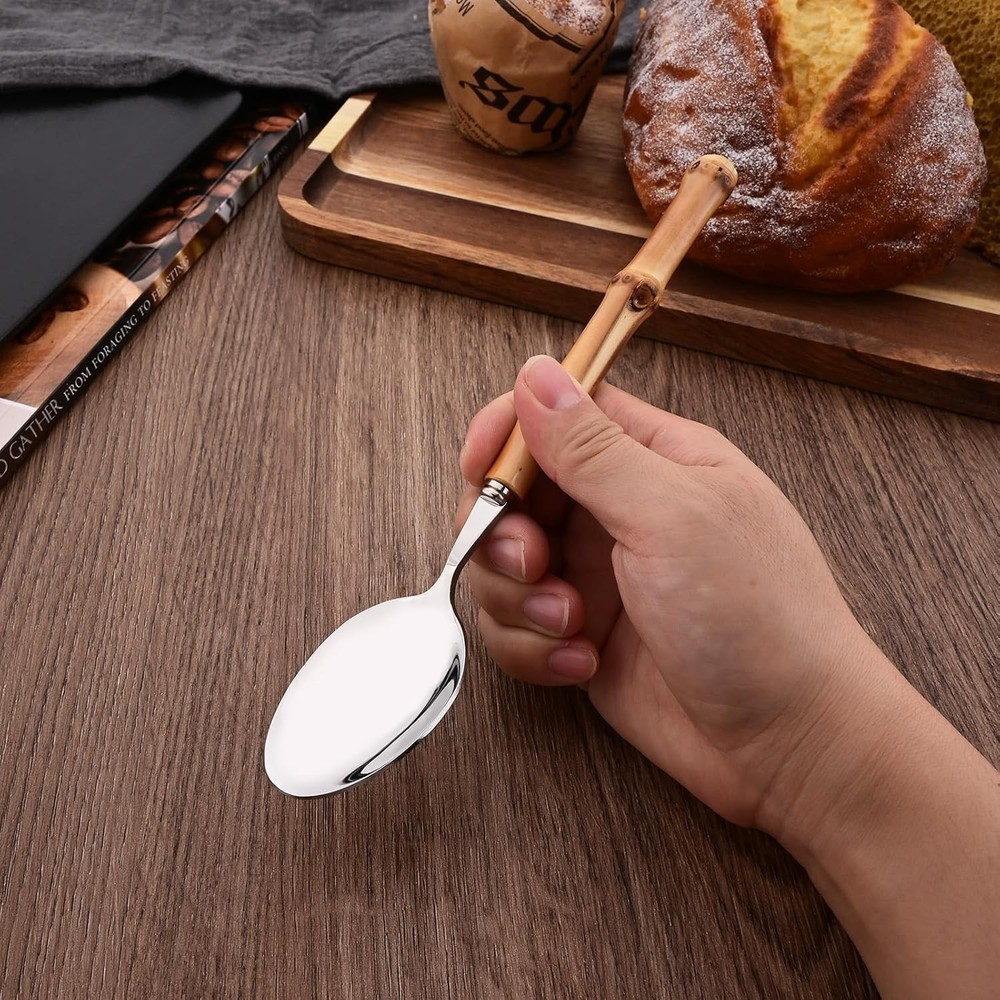 30PCS Silverware Set for 6, Bamboo Handle Flatware Set, Stainless Steel Cutle...