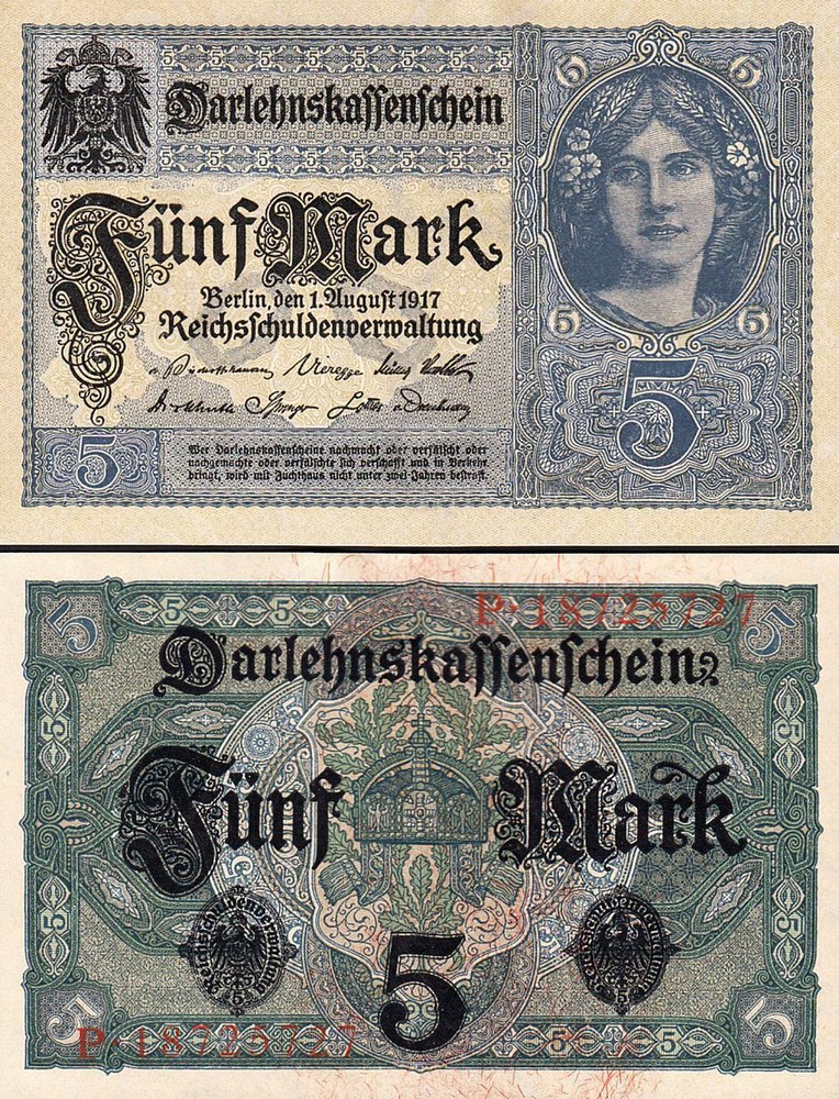 German Bank Note 5 Marks issued 1917 UNC