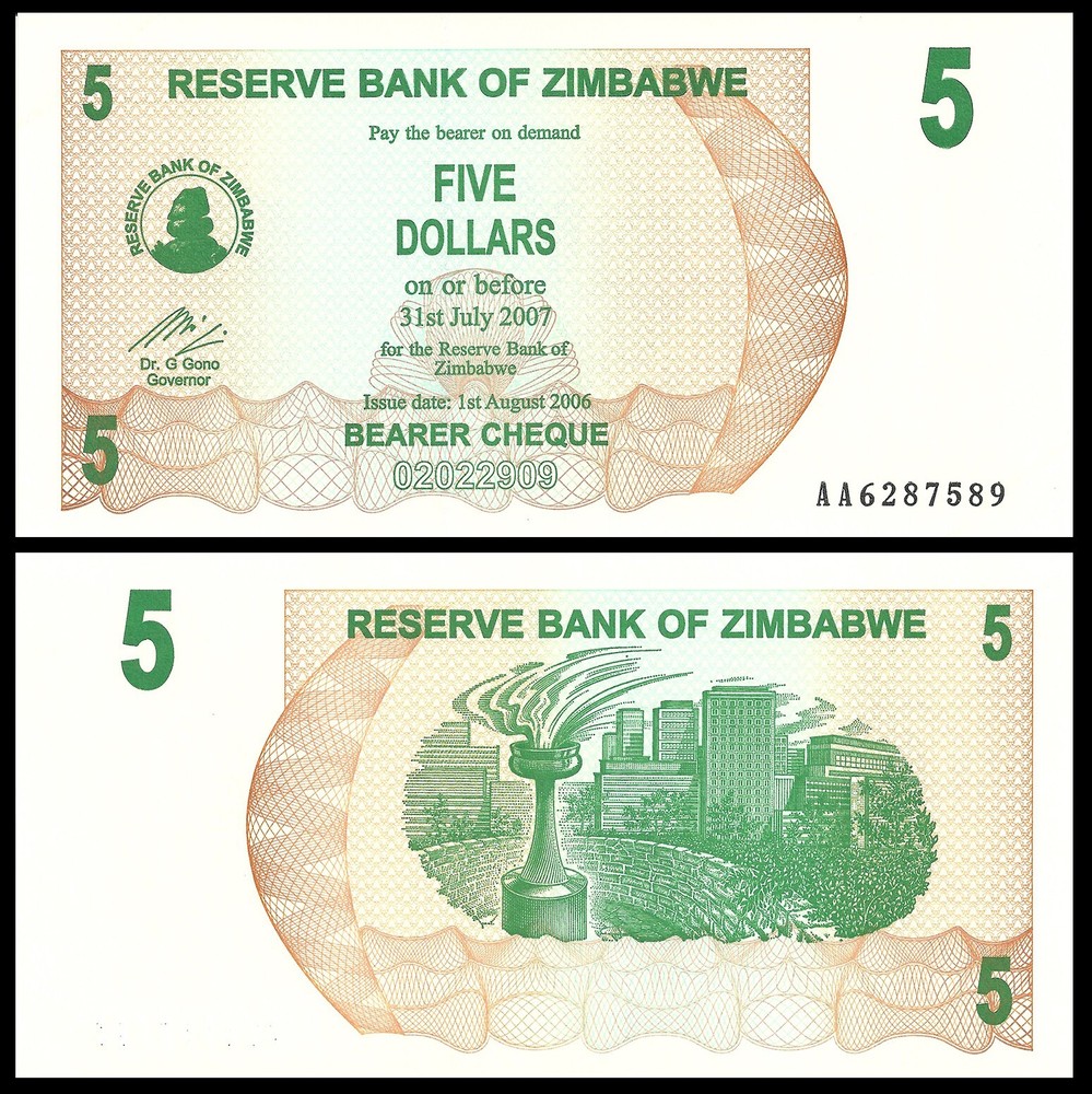 ZIMBABWE 5 DOLLAR 2006 P 38 UNC