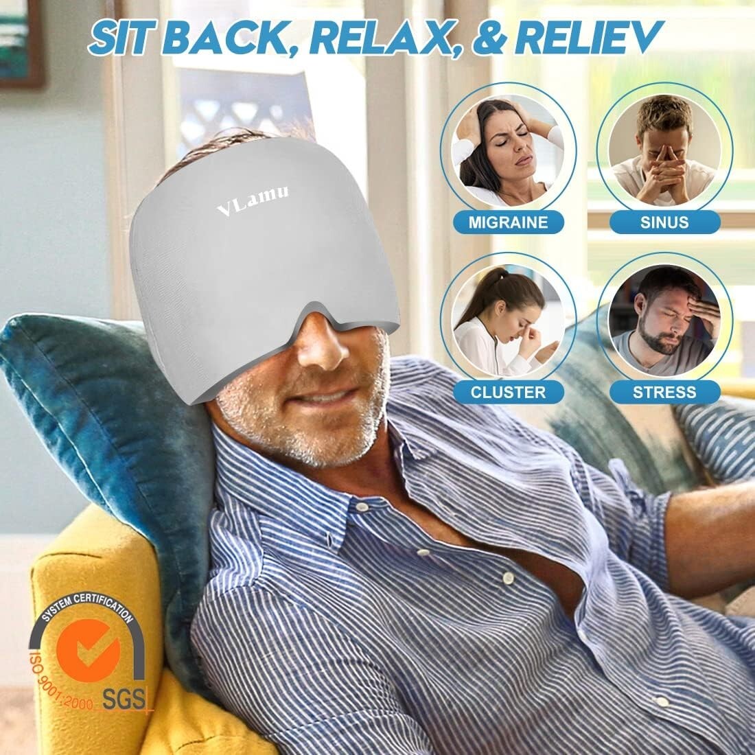 Hat for Migraine Relief Cold and Hot 2 in 1 Migraine Ice Head Wrap Relief Cap