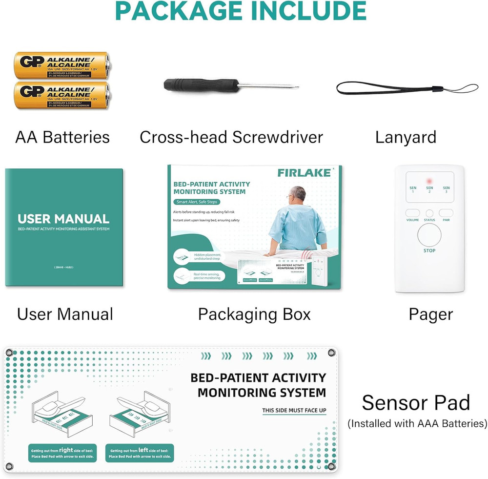 Wireless Bed Alarm for Elderly - Fall Prevention Sensor Pad with Pager - Early &