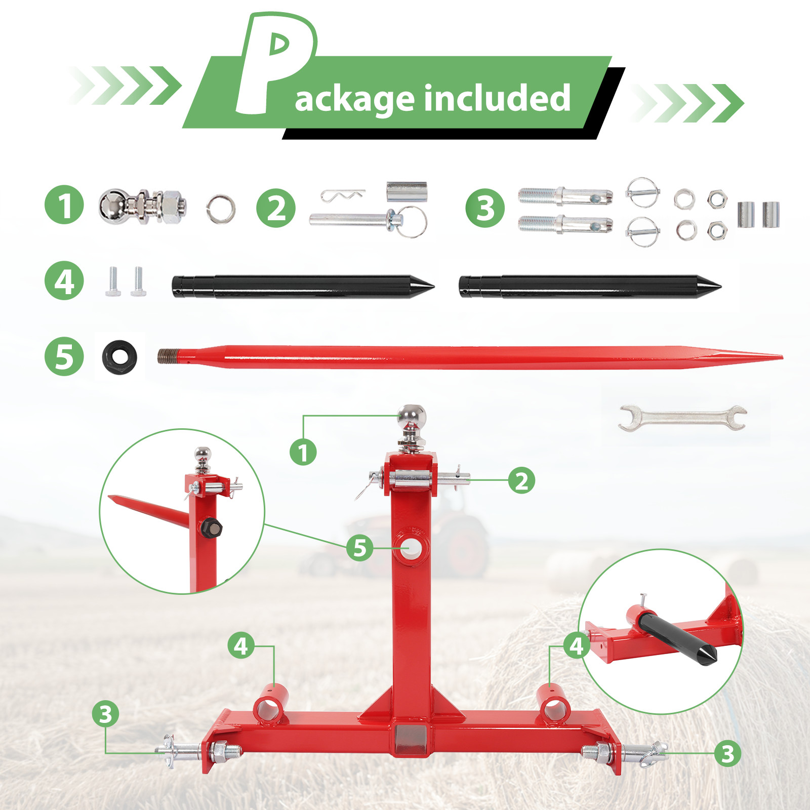 3 Point 3000 LB Hay Bale Spear Receiver Hitch Cat 1 Tractor W/Gooseneck Ball