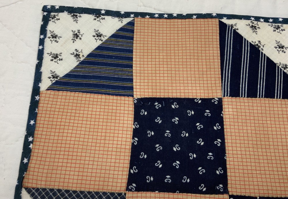Antique Vintage Patchwork Quilt Table Topper, Nine Patch With Triangles, Navy