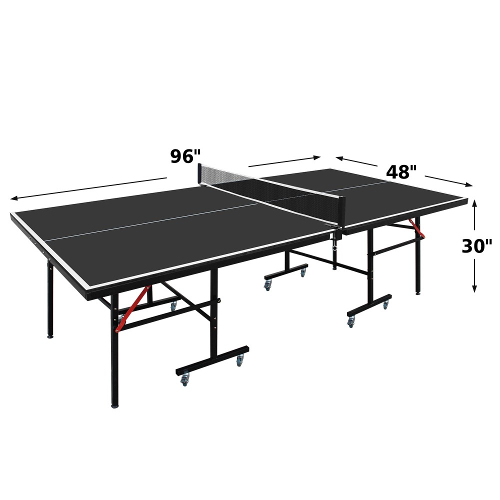 8ft Black Mid-Size Table Tennis Table Foldable & Portable Ping Pong Table Set