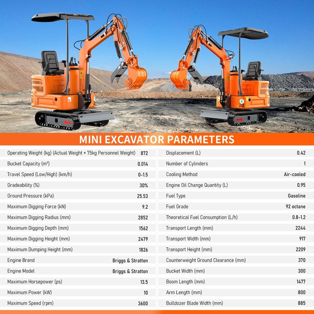 1 Ton Mini Excavator – Tracked with B&S Engine & Pilot Control System NEW