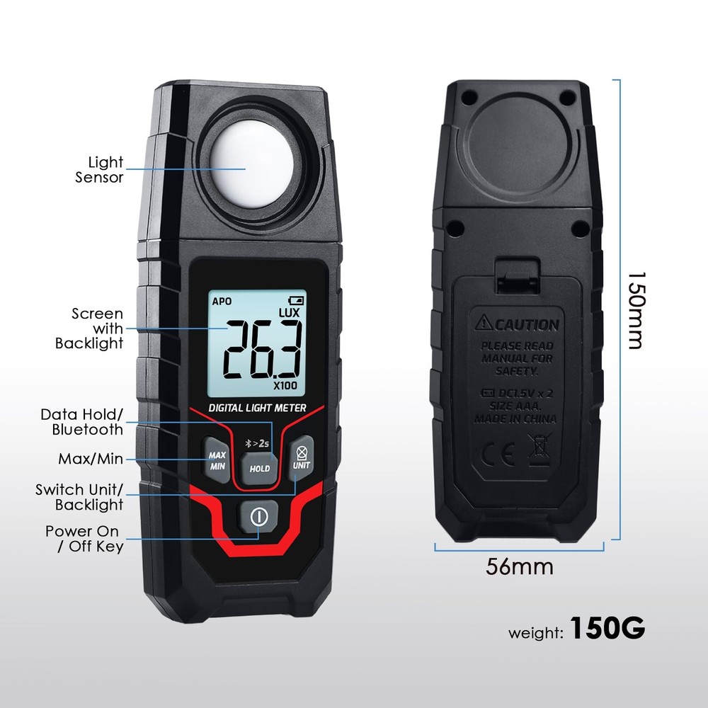 Light Meter Digital Illuminance Meter 0.1~200000 Lux Range Bluetooth Lux Mete...