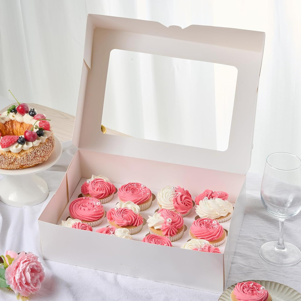 12 Count Cupcake Boxes, 4 Pack Auto-Popup White Cupcake Containers with Window a