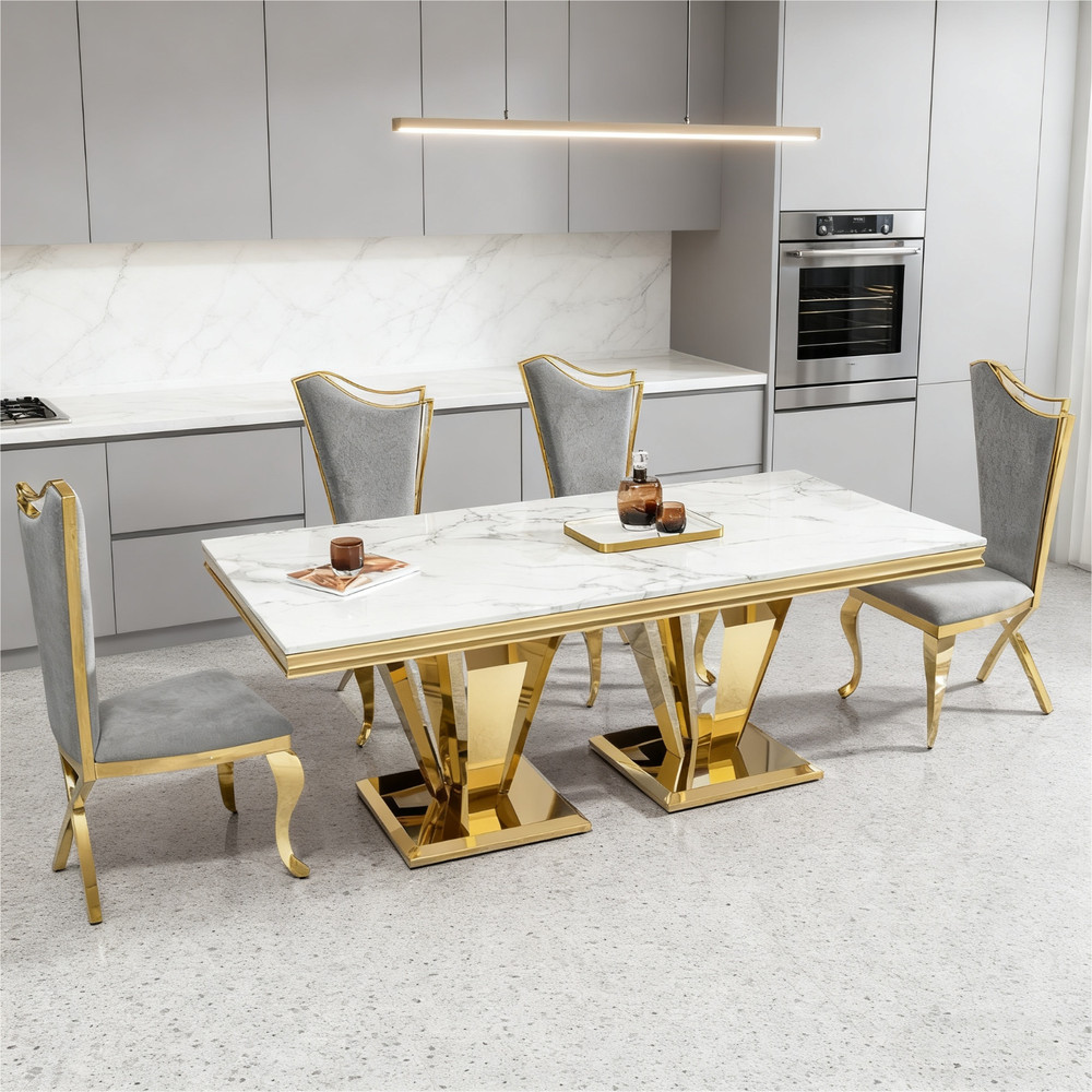 Marble Dining Table for 6 People, 67'' Rectangle White Faux Marble Dining Table