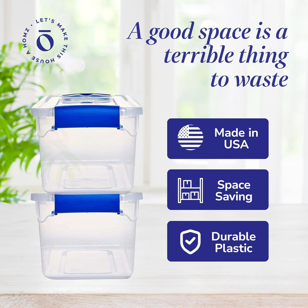 5-Pack Latching Lid, Clear Plastic Storage Organizer Bins, 7.5 Quart, Blue Latch
