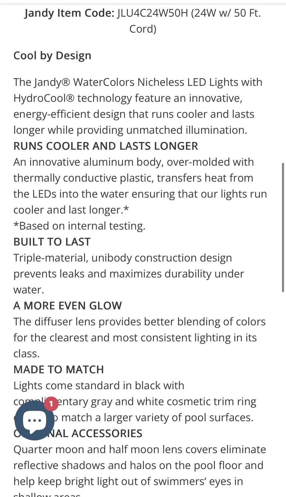 NEW Jandy Watercolors Nicheless LED Light JLU4C24W50H 24W H Series 50' Cord