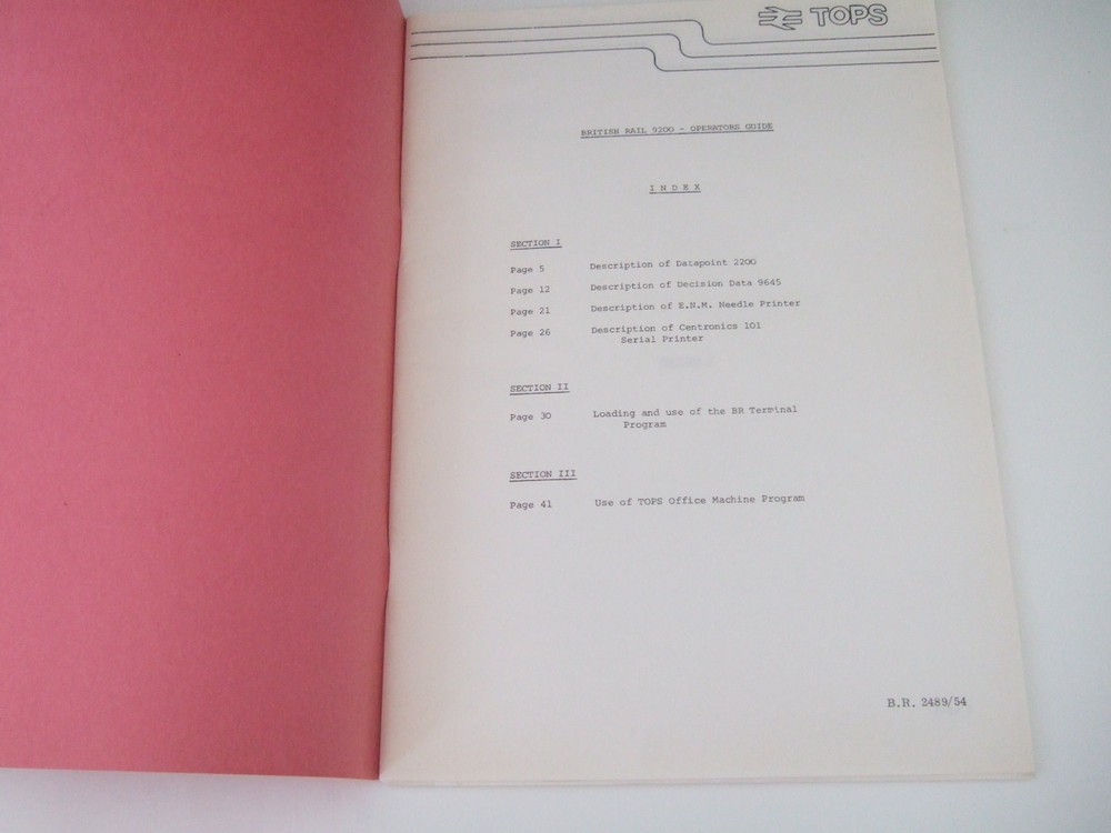 BRITISH RAIL. TOPS 9200 Operator's Guide + Other Paperwork. Excellent Condition.