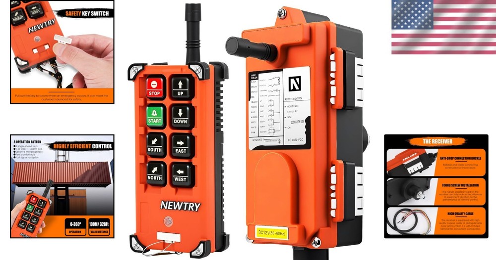 Ergonomic 8 Button Wireless Crane Remote Control - 100m Range, Rechargeable