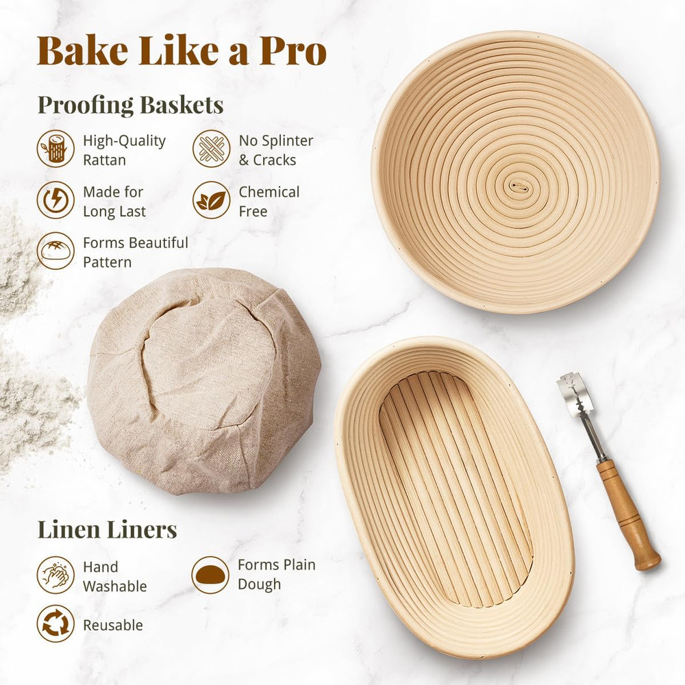 Sourdough Starter Kit with Banneton Baskets & Baking Tools Set