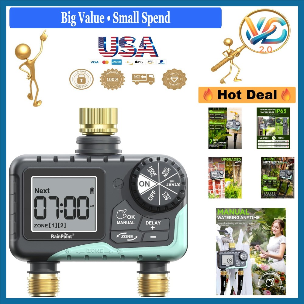 Brass 2 Zone Sprinkler Timer Water Timer with Rain Delay Manual Watering