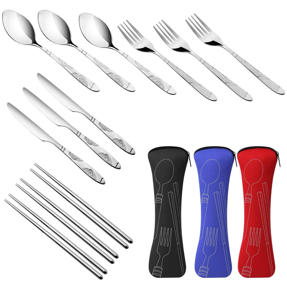3 Pack Reusable Flatware Sets , Fork, Spoon, Chopsticks, 12Pcs Portable Trave...