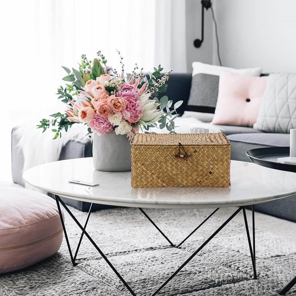 3 Set Caramel Rectangular Wicker Baskets, Lid, Seagrass, Decorative Bins