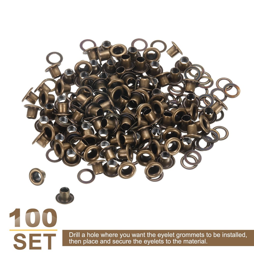100Set Grommets Eyelets Kit 3mm Brass Eyelets with Washers, Brown