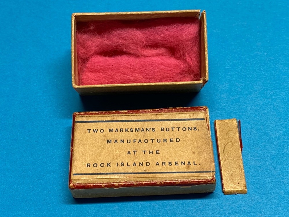 1885-1903, US ARMY MARKSMAN'S BUTTONS, 2nd PATTERN, 2 BUTTONS + ORIGINAL BOX