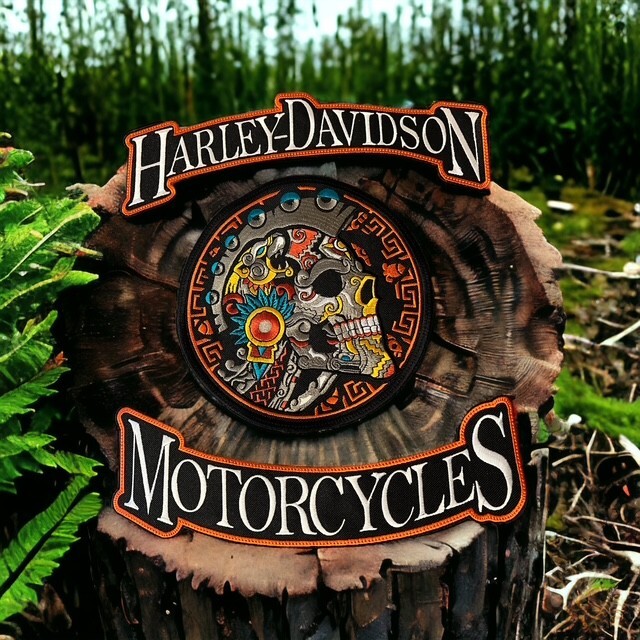Harley Davidson Rocker Patch Set with Aztec Skull Center