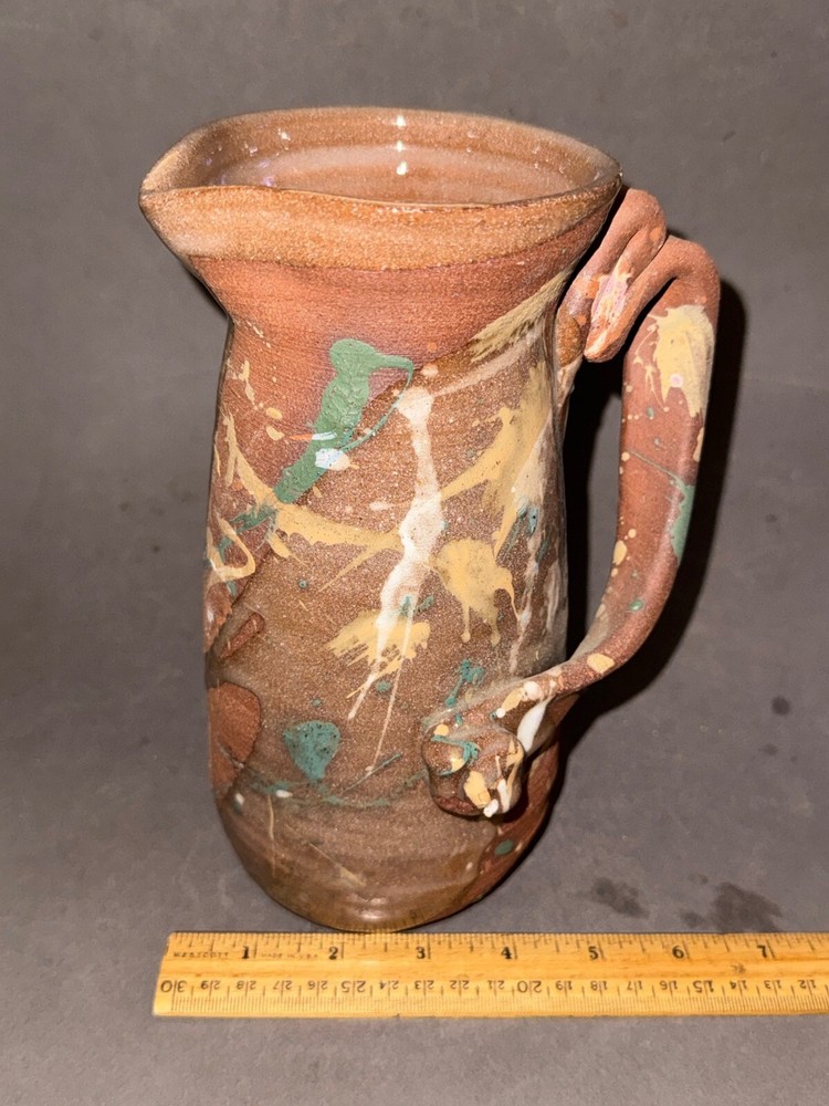 T WILLIS SIGNED BROWN DRIP GLAZE SPLATTER APPLIED TWISTED HANDLE PITCHER VTG