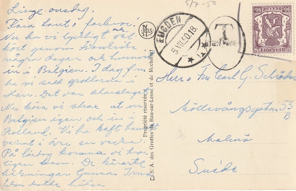 BELGIUM: Postcard Eugden to Sweden 1950, postage due.
