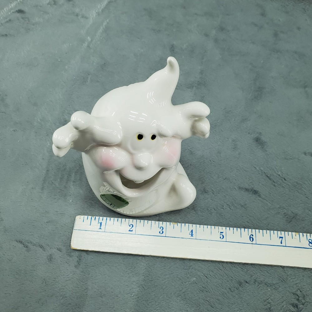 Ghost Tealight Candle Holder Green Patch Glossy White Ceramic Blushing